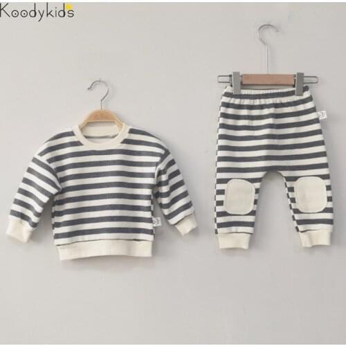 Koodykids 2020 Autumn Winter Baby Girl Boy Clothes Set Baby Boy Girl Shirt Pants Top Long Sleeve Stripe Shirt Pants Set Spring