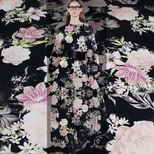 Pearlsilk Black Flowers Digital Printed Elastic Satin Drill Fabrics Garment Materials Autumn Dress The Sewing Cloth Fresshipping
