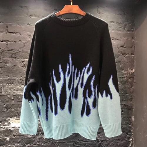 Sweater Men Streetwear Retro Flame Pattern Hip Hop Autumn New Pull Over Spandex O-neck Oversize Couple Casual Mens Sweaters
