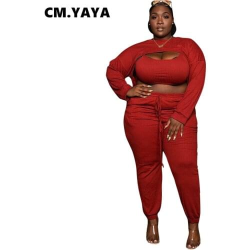 CM.YAYA Women Plus Size Set Solid Crop Tops + Bra + Pencil Pants 3 Piece Sets Sexy Fashion Night Clubwear Casual Outfits Autumn
