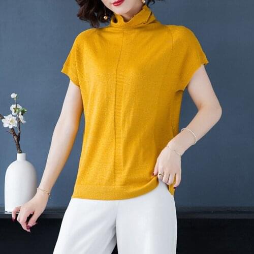 Women Wool Sweater Blouse Summer Lady Knit Blouse Thin Knit Sweater Turtleneck Wool Blouse Short Sleeve