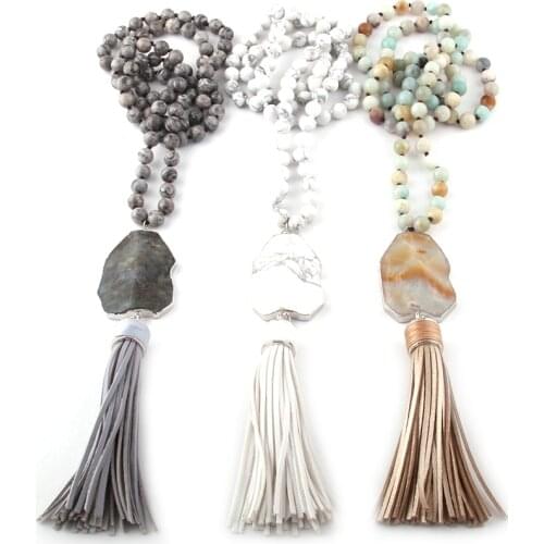 Fashion Bohemian Jewelry Gray/White/Amazonite Knotted Irregular Stone Link Leather Tassel Necklaces Women Ethnic Necklace