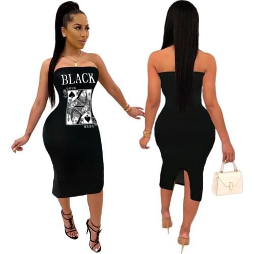 Fashion Women Sexy Off Shoulder Split Poker Print Sleeveless Strapless Summer Plus Size Dress