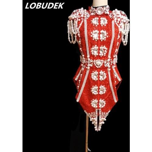 Hand Sewing Women Modern Dance Costume Bar Concert Singer Teams Stage Outfit Sparkly Rhinestones Beading Dress Performance Wears