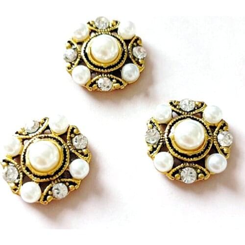 10Pcs/Lot 18mm Flower Rhinestones Pearl Hair Antique Gold Alloy Flower Disk Diamond Buckle Pendant Shoes Clothes Bag Accessories