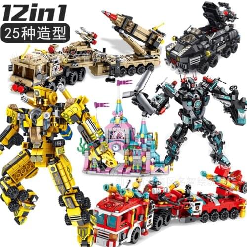 12 in 1 Deformation Engineering Fire Truck Robot Compatible with Lego Assembly Building Blocks Childrens Toy Gift