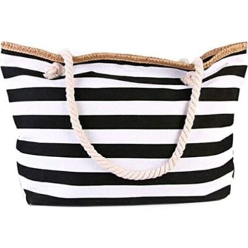 Canvas Beach Bag Large Stripe Handbag Purse Travel Tote
