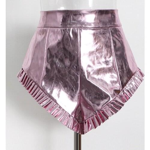 Personalized Shiny Silver Women Sexy Ruffles Short Pants 2021 Summer High Waist Solid Color Pu Zipper Slim Shorts Party Clothes
