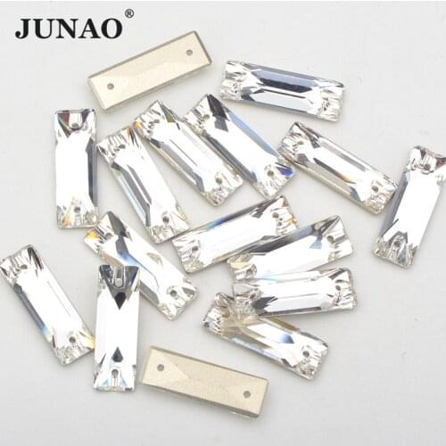 JUNAO 7*21mm Clear K9 Sewn Rhinestones Rectangle Shape Glass Crystal Flatback Decoration Appliques For Clothing Accessories