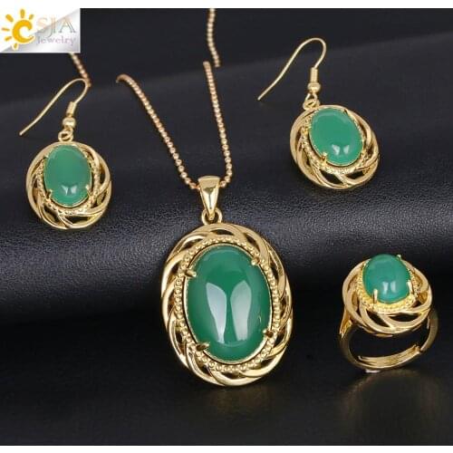 CSJA Natural Malay Green Jades Jewelry Set for Women New Luxury Necklace Earrings Rings Wedding Party Red Agates Jewellery F302