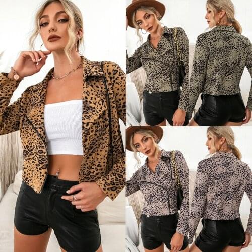 Women Spring Autumn Leopard Print Jackets Patchwork Zipper Turn-down Collar Long Sleeve Slim Cardigan Short Tops Femme Y2K Suits