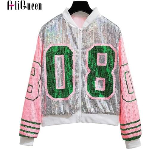 Korean Fashion Women Loose Letters Print Sequins Coats Short Jacket Spring Autumn Female Casual Crop Coats Outerwear Streetwear
