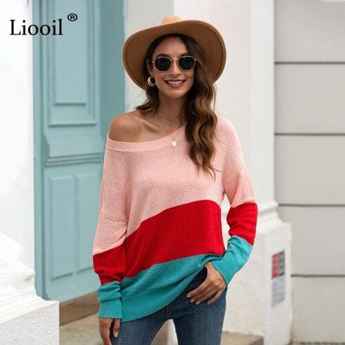 Liooil Casual Loose Knit Patchwork Pullover Women 2020 Striped Color Block Long Sleeve O Neck Womens Fall Clothes And Sweater