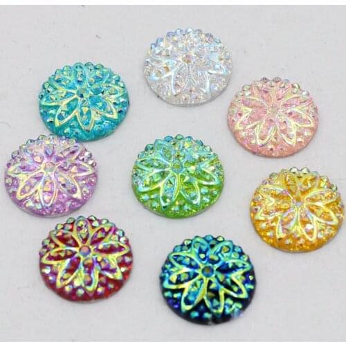 New 12MM 50pcs/lot AB Color Big Flower Design Round Resin Rhinestone Applique Stones Flatback Beads Crafts Diy Accessories