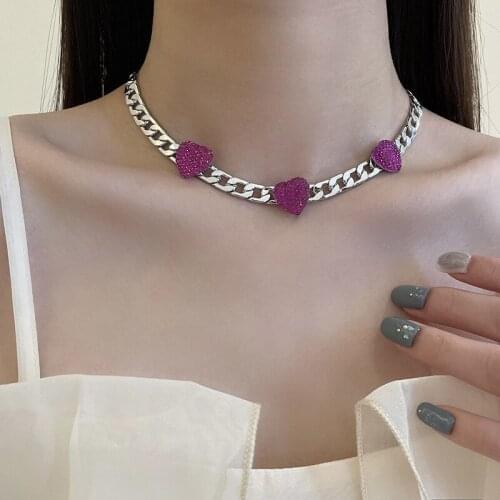 2021 New Fashion Crystal Heart Necklace For Women Metal Thick Chain Choker Love Heart Short Chain Charm Punk Trendy Jewelry Gift