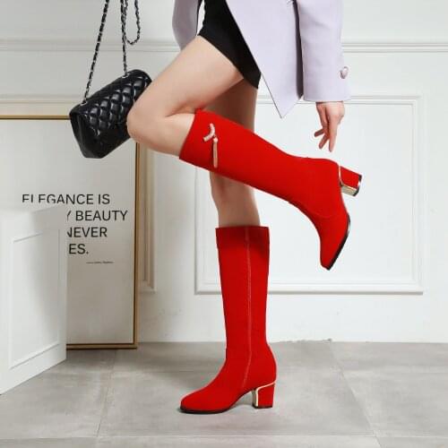 New Fashion Knee High Boots Womens Winter Boots Thick High Heel Long Boots Round Zipper Spring Autumn Shoes Woman Black Red