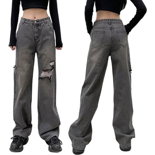 Hirigin New Fashion Women Loose Wide-leg Hole Pants Summer Adults Casual Style High Waist Gradient Jeans For Girls