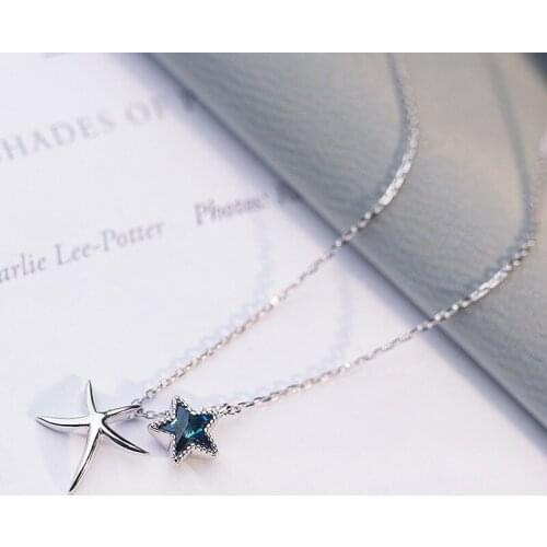 Orgin Summer Unique Design Bling Bling Blue Color Star Pendant Necklace for Women Korean Fashion Starfish Necklace Jewelry