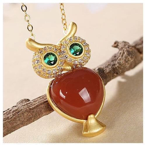 Natural South Red Owl Pendant Necklace Female S925 Sterling Silver Diamond Agate Stone Owl Exquisite Clavicle Set Chain