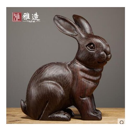 Black sandalwood carved rabbit furnishing solid wood Zodiac rabbit home carving safety Best wishes Decorative Ornaments