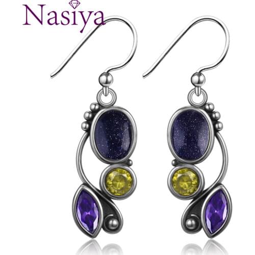 S925 Sterling Silver Earring Wedding Blue Sandstone Drop Earrings For Women Fine Jewelry Earring Girls Party Engagement Gifts