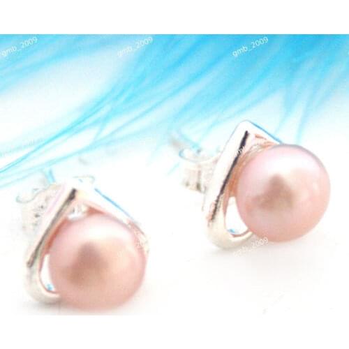 Beautiful Natural 6-7mm purple Freshwater Pearl Heart 925 Sterling Siver Stud Earrings