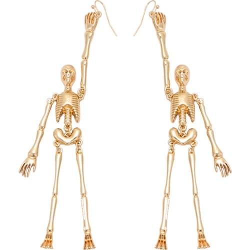 Hip Hop Gold Human Skeleton Drop Earrings for Women Punk Golden Skull Earring Dangle Ear Hooks Girl Party Gift Halloween Jewelry