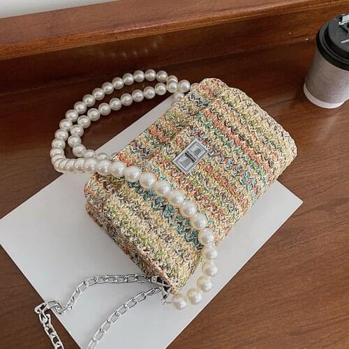 С доставкой Summer Straw Flap Bags for Women 2021 Small Pearl Beading Shoulder Belt Ladies Crossbody Shoulder Handbags Purses