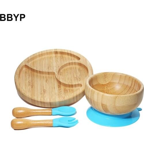 Baby Feeding Bowl Baby Dinner Plate Wooden Kids Feeding Dinnerware With Silicone Suction Cup Wooden Fork Spoon Childrens Dishes