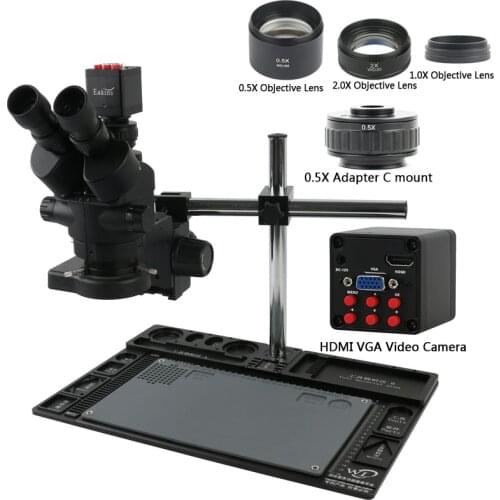 7X-45X Zoom Simul Focal Trinocular Stereo Microscope + Multifunction Aluminum Alloy Stand+ 1080p HDMI VGA Video Camera+144 Light