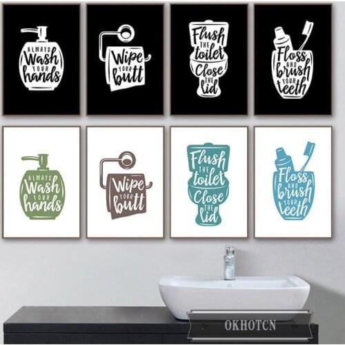 Toilet Bathroom Picture Wall Art Decor Brush Your Teeth Wash Your Hands Canvas Painting Fashion Black White Blue Washroom Poster