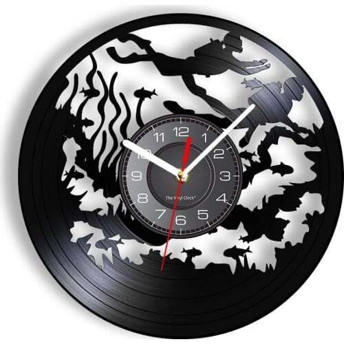 Underwater Diving Inspired Vinyl LP Wall Clock Underwater World Fish Coral Natural Themed Laser Cut Wall Watch Divers Best Gift