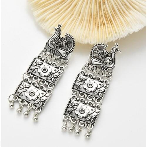 Vintage Peacock Earrings Ethnic Silver Color Three-layer Carved Indian Earrings For Women Exaggerated Tribal Jewelry Orecchini