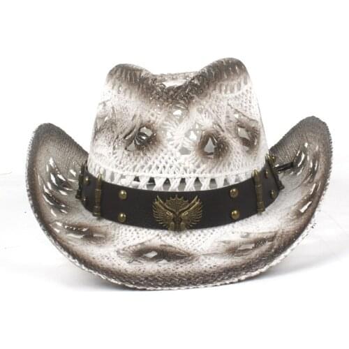 Womens Mens Straw Hollow Western Cowboy Hat With Fashion Belt Western Word Cowgirl Jazz Sombrero Hat Size 56-58CM