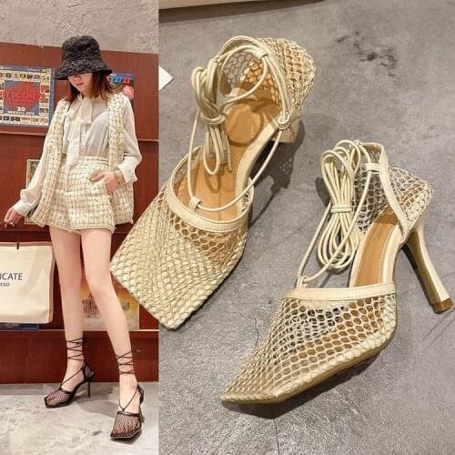2021 New Sexy Yellow Mesh Pumps Sandals Female Square Toe high heel Lace Up Cross-tied Stiletto hollow Dress shoes
