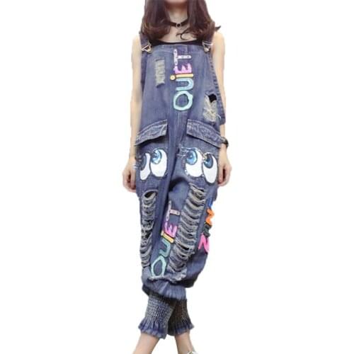 Women Denim Jumpsuit 2019 Ladies Loose Jeans Rompers Female Harajuku Casual Hole Denim Overall Playsuit With Pocket Plus Size