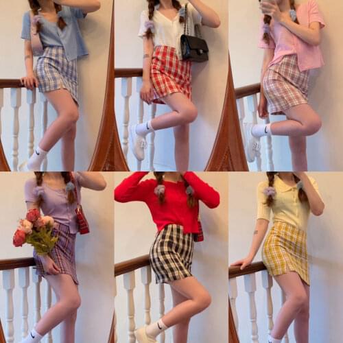 Two Pieces Skirt Set] Ins New Colorful Plaid Skirt Female Summer Short Top + Plaid Skirt Fashion Sweet Girl Skirt Two-piece Set