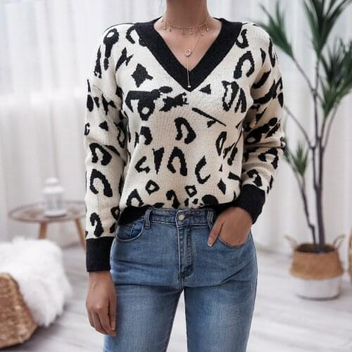 New Women Autumn Winter V-Neck Casual Long Sleeve Leopard Knitted Sweater Jumper Pullover