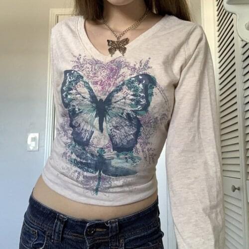 Butterfly Graphic Print Crop Top Autumn V Neck Long Sleeve Pullovers Tees Y2K Fairy Grunge 90s Vintage Women Harajuku T-shirt