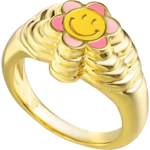 Gold Color Pink Yellow Enamel Smile Smiley Happy Face Fashion Women Lady Finger Ring