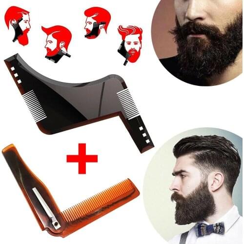1Sets Beard Trimming Template + Plastic Folding Comb Hair Style Tool Beard Portable Comb Care Wholesale
