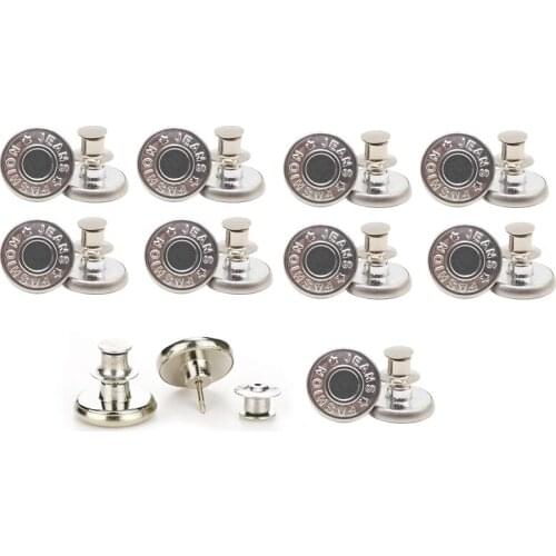 10 Pc Button Pins for Jeans, No Sew and No Tools Instant Jean Button Pins for Pants,Reusable and Adjustable (Silver)