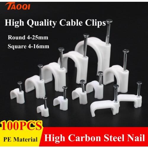 100PCS PE Plastic 4/5/6/7/8/9/10/12mm Circle Cable Clip C Shaped High Carbon Steel Nails Cable clips Wire Wall holder Steel Nail