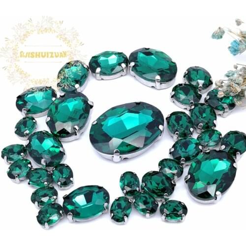 30pcs 5 SIZES NEW!!! MIX Malachite green OVAL Size Crystal Glass Sew-on Rhinestones Silver Bottom DIY Womens Dresses and shoes