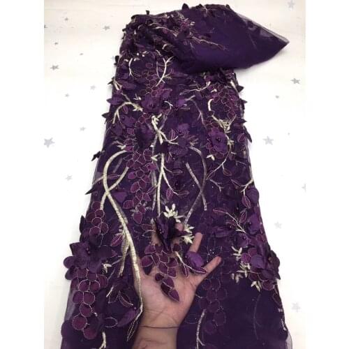 5yards/pc) High quality deep purple French net lace beaded African 3D flowers tulle lace fabric for party dress FZX078