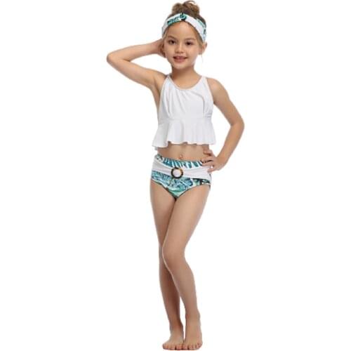 Kids Girl Swimsuits Solid Color U-Neck Sleeveless Tops+ Floral Print Trunks 2 Pieces Bikinis Set for Girls