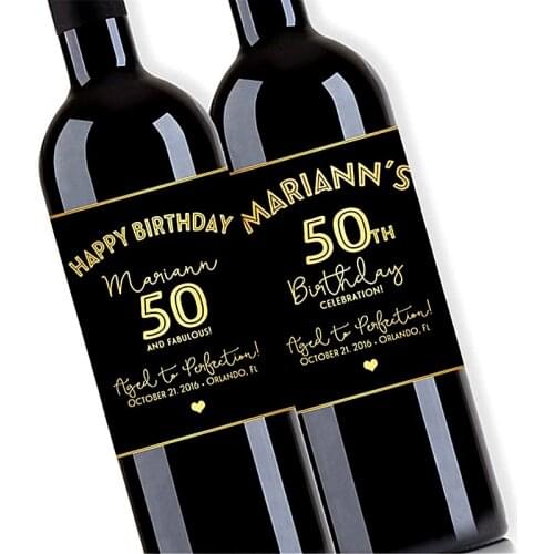 Custom Photo Birthday Wine Bottle Label,Personalized Happy Birthday Label Blessing Gifts,Elegant Black&Gold,Fifty and Fabulous