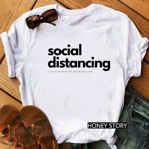 FIXSYS SOCIAL DISTANCING IF YOU CAN READ THIS YOU'RE TOO CLOSE Letter Print Funny T shirts Women Fashion Graphic Tees Humor Joke