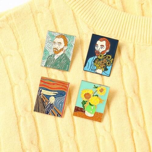 Van Gogh Sunflower Oil Painting Enamel Pins Custom The Scream Brooches Bag Clothes Lapel Pins Badge Art Jewelry Gift for Friends