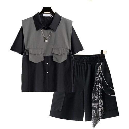 2021 Summer Harajuku Loose Chain Cargo Shorts T Shirt +Cargo Shorts Two Piece Set Shorts Three-Piece Suit Set